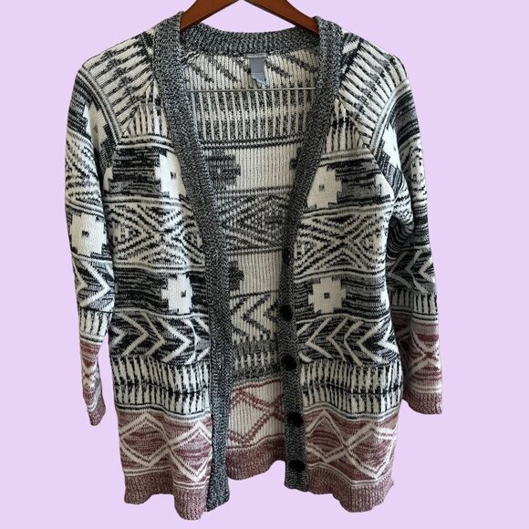 Cardigan Jacket Long Sleeve Womens S Black White Red Button Up Aztec Design - Picture 2 of 12